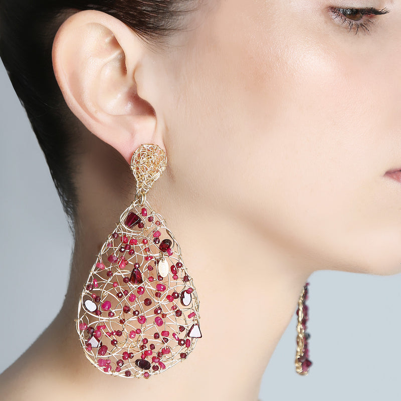 Gota Button Dangle Earrings (70mm) - Ruby, garnet & tourmaline Earrings TARBAY   