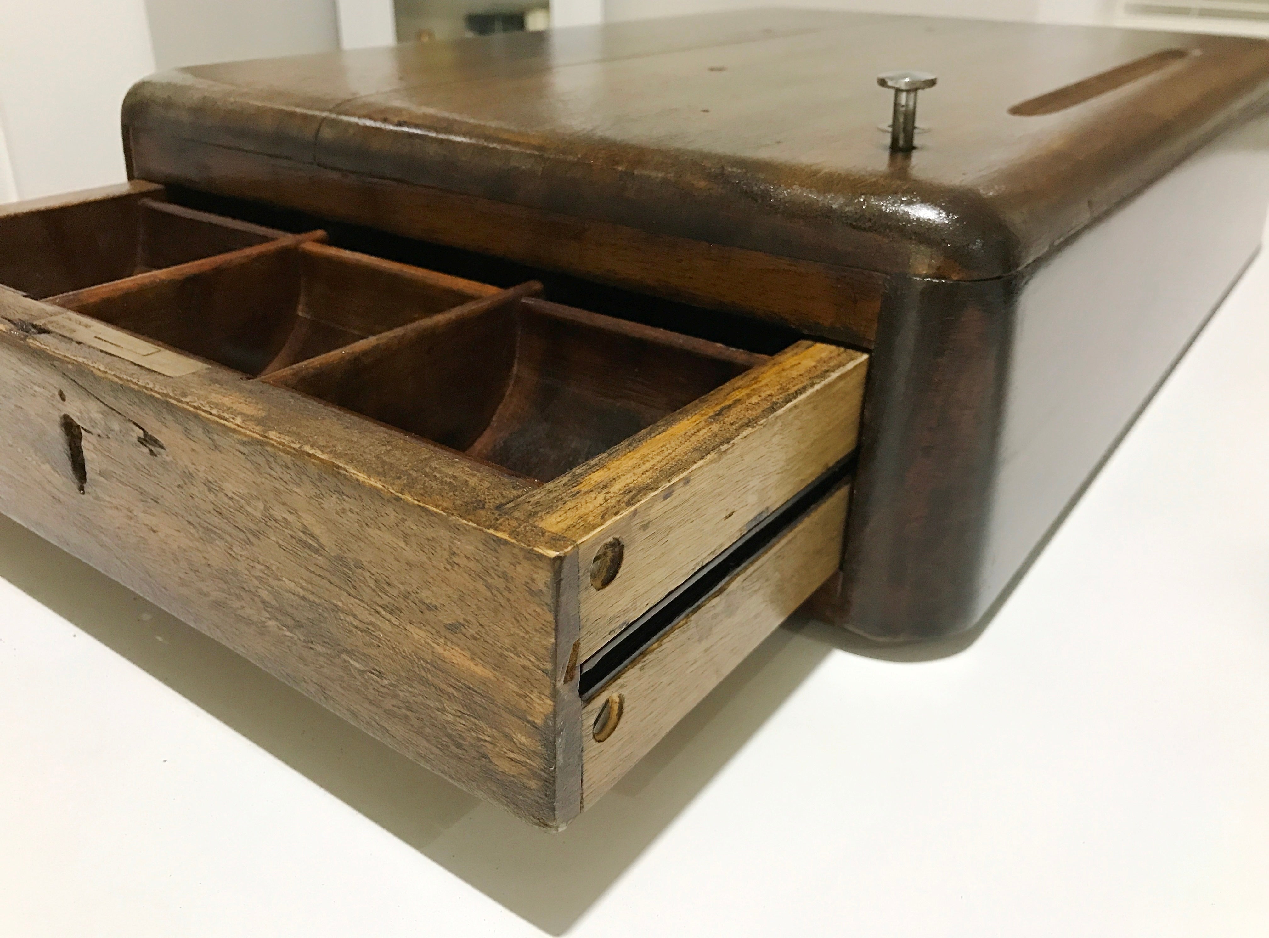 antique wooden under counter five pocket cash drawer