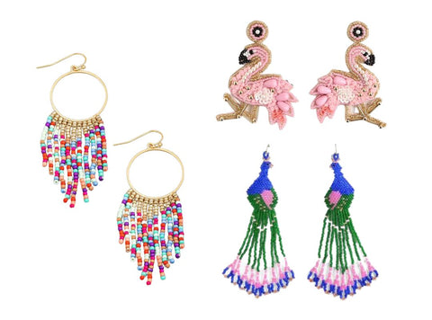 pool earrings seed bead earrings flamingo peacock 