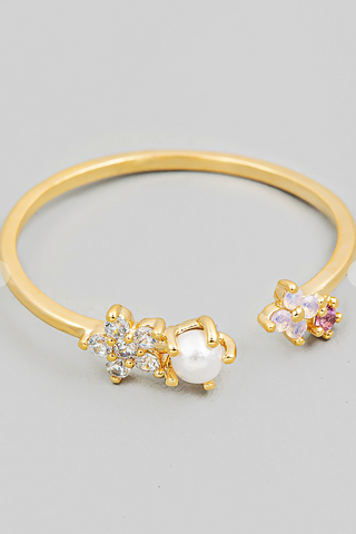 Open Floral & Opal Cuff Ring Gold