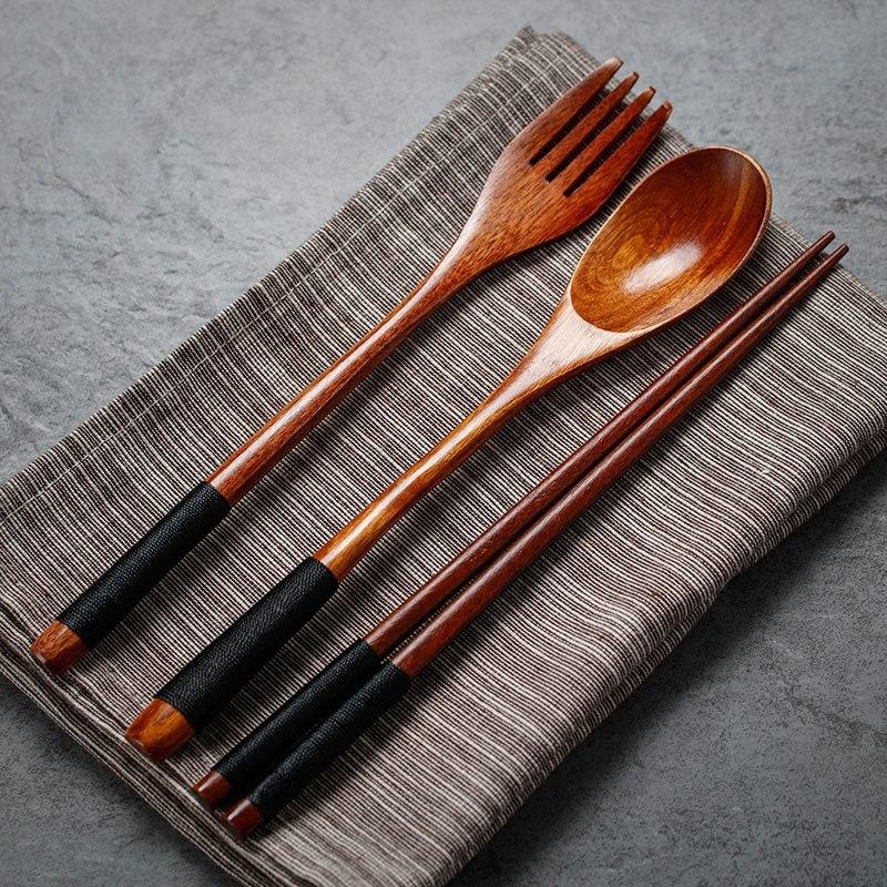 Long Handle Dinnerware Set Wooden Fork Spoon Knife Cutlery 