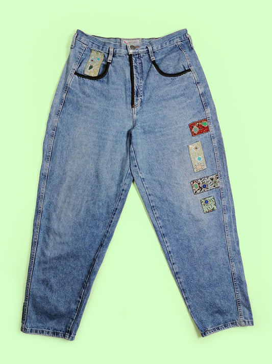 80's JACK & SONS High Waist Embroidery Patch Baggy Jeans - M-L (32")