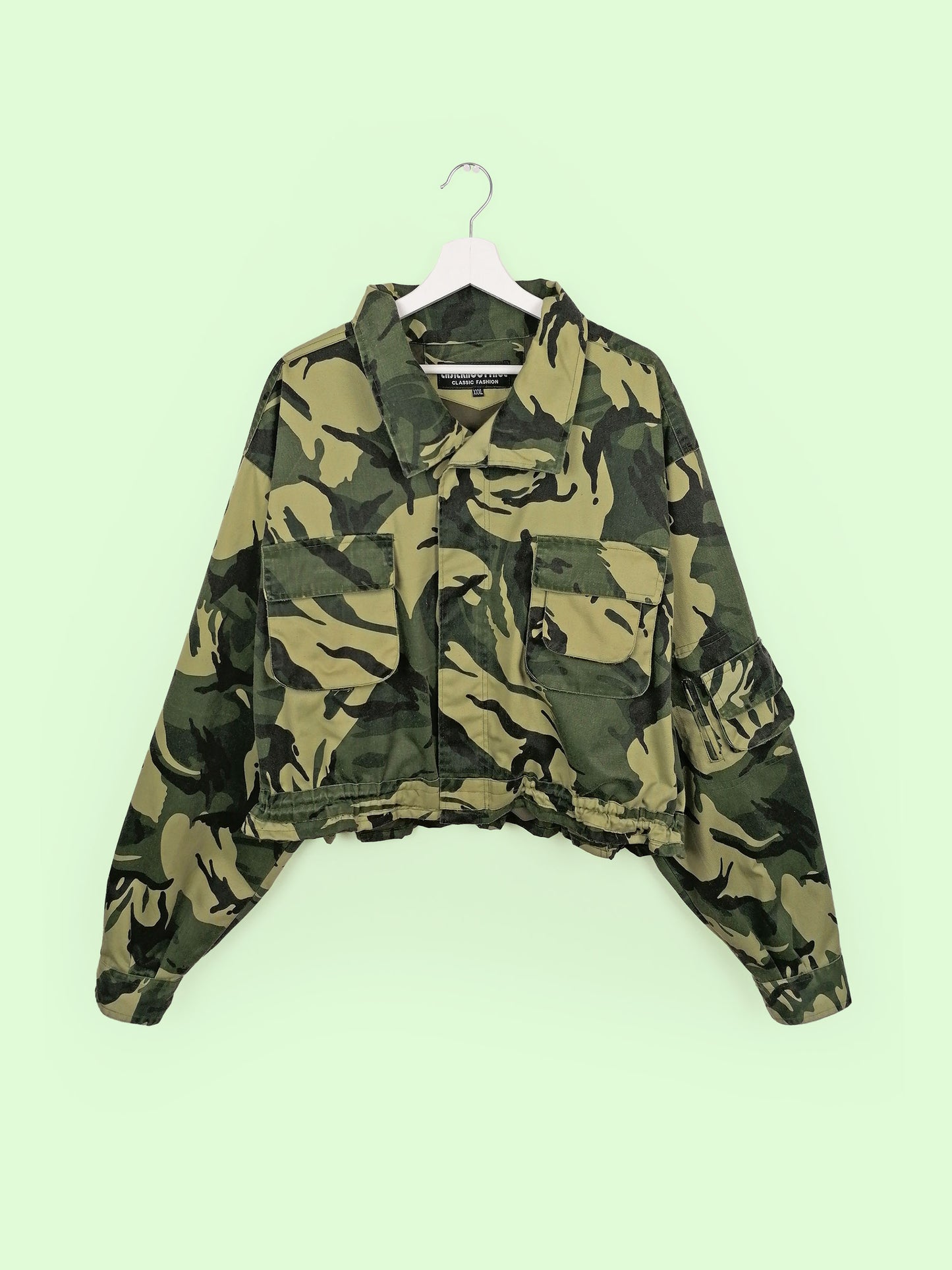 90's Camo Green Oversized Cropped Army Jacket - size XXL