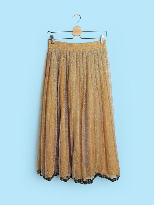 80's VERA MONT Gold Mesh Full Skirt - size M-L / UK 14 / F 42