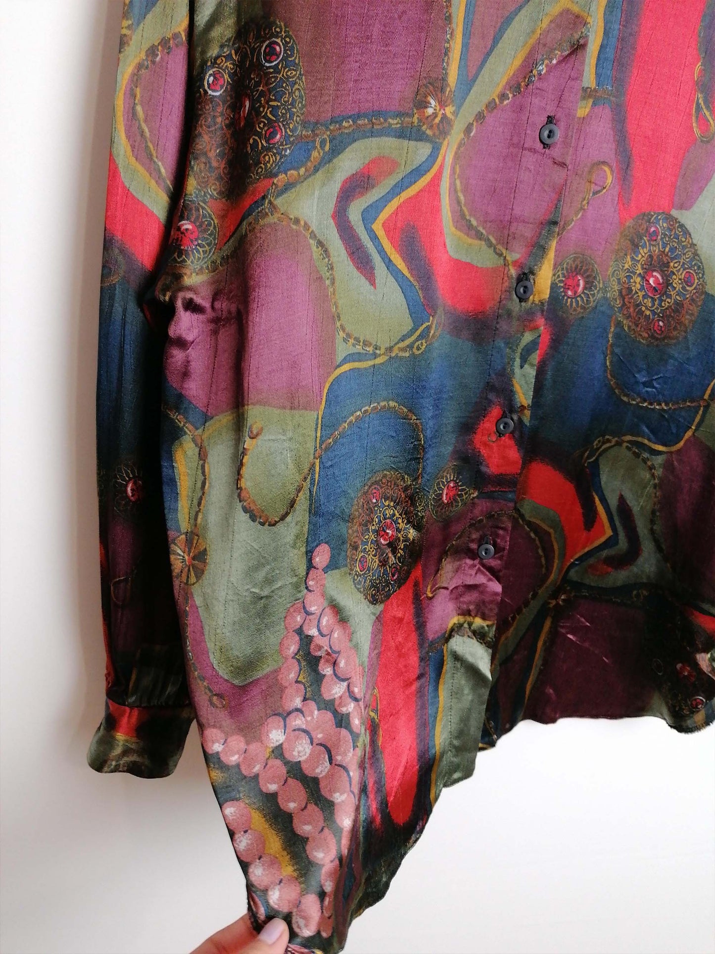 80's Silky Retro Pattern Blouse - size M / 38 / GB 12