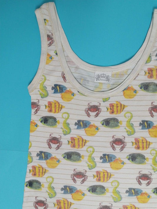 Vintage Y2K Ribbed Tank Top Fish Print - M