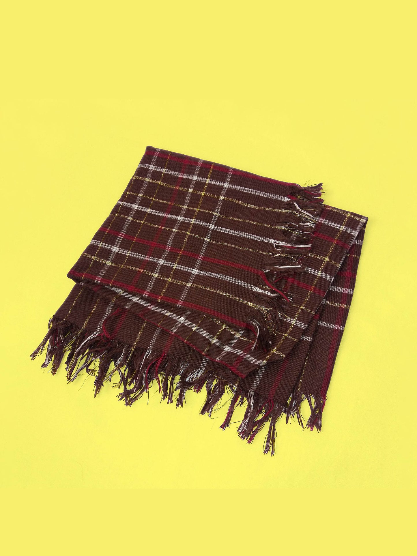 Fringe Scarf Plaid Pattern Brown Gold