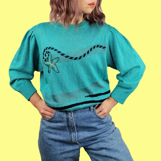 Vintage 80's Embroidery Knit Turquoise Retro Sweater