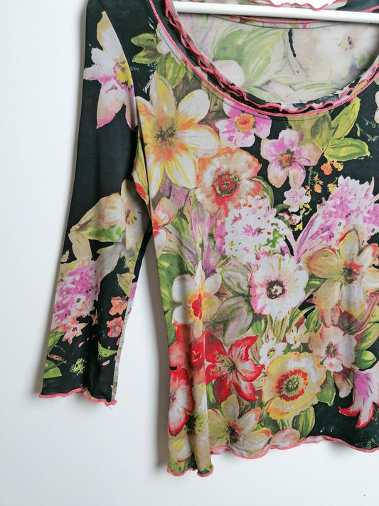 Y2K Stretch Blouse Flowers Pattern - size S-M