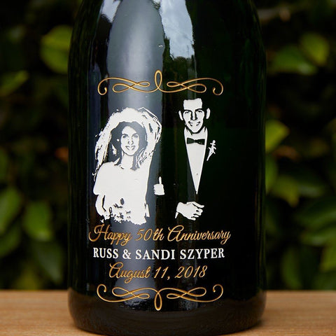 Custom photo engraved on champagne bottle for anniversary gift by Etching Expressions