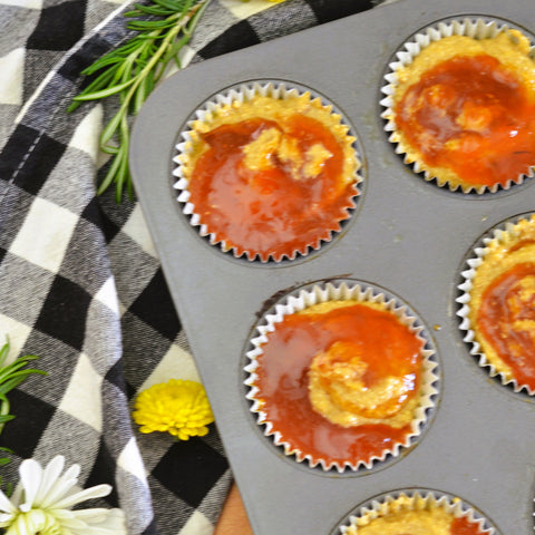 PB&J Muffin recipe made with Salty Peanut and Rosemary Apricot preserves. Red Camper and PB Love Co collaboration. Mother's Day 2023