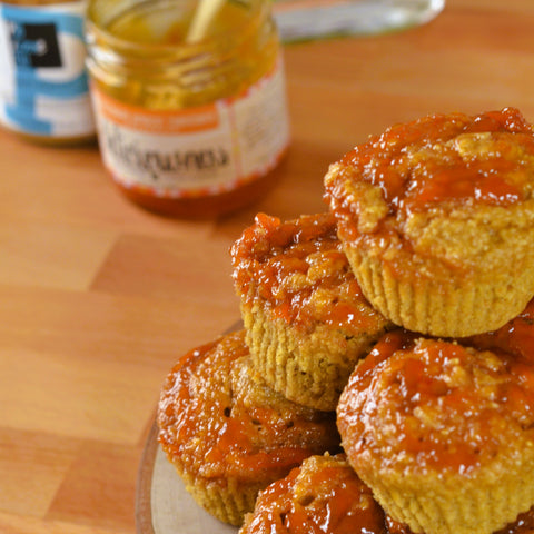 PB&J Muffin recipe made with Salty Peanut and Rosemary Apricot preserves. Red Camper and PB Love Co collaboration. Mother's Day 2023