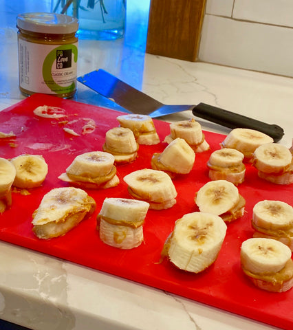 Chocolate Peanut Butter Bites with Bananas and Classic Creamy Peanut Butter.