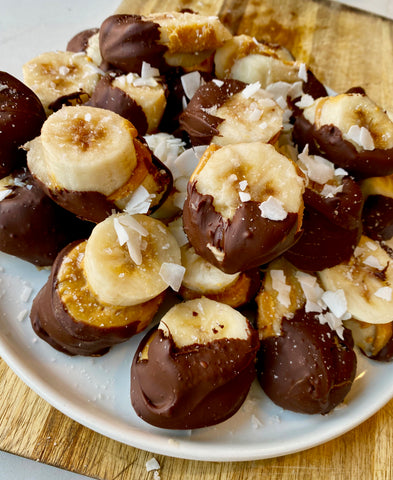 Chocolate Peanut Butter Bites with Bananas and Classic Creamy Peanut Butter.