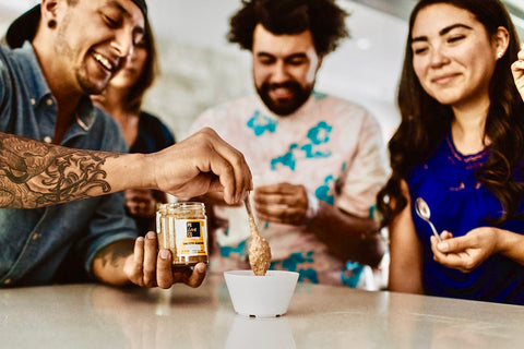 Smooth Almond butter shared with friends. Sugar free almond butter made in Denver, CO.