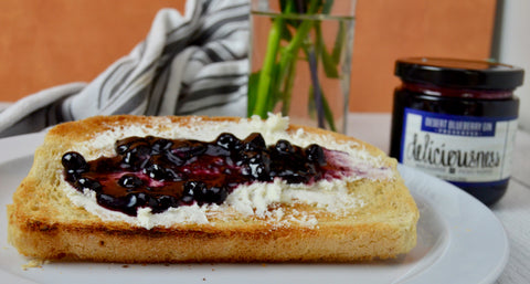 Brunch toast for Mother's Day 2022. All-natural peanut butter and almond butter with toast. French toast with all-natural peanut butter and almond butter.  Blueberry preserves with goat cheese. 