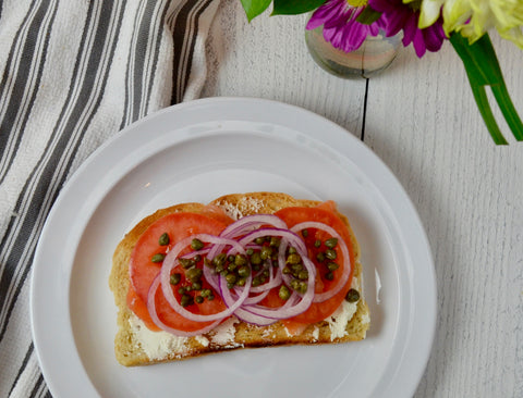 Brunch toast for Mother's Day 2022. All-natural peanut butter and almond butter with toast. French toast with all-natural peanut butter and almond butter.  Salmon lox toast. 