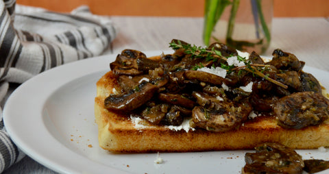 Brunch toast for Mother's Day 2022. All-natural peanut butter and almond butter with toast. French toast with all-natural peanut butter and almond butter.  Sautéed mushrooms and goat cheese.