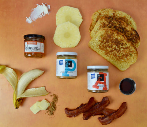 Brunch toast for Mother's Day 2022. All-natural peanut butter and almond butter with toast. French toast with all-natural peanut butter and almond butter. 