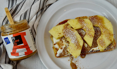 Brunch toast for Mother's Day 2022. All-natural peanut butter and almond butter with toast. French toast with all-natural peanut butter and almond butter. 