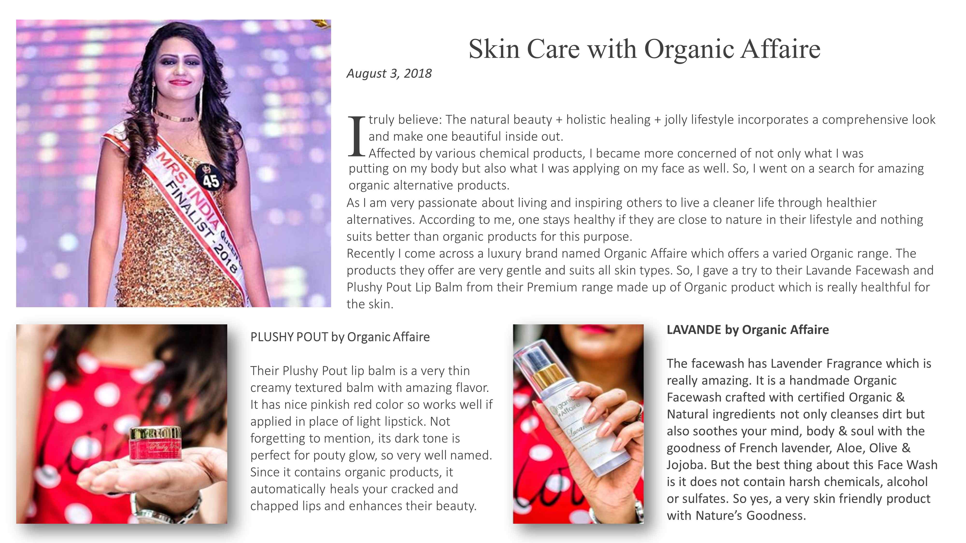 Mrs India 2018 endorses Organic Affaire skin care brand