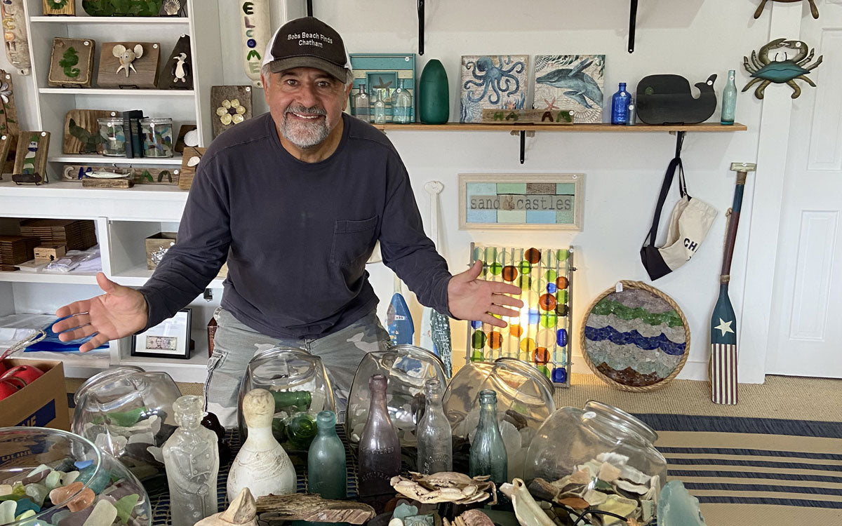 beachcomber with shop full of sea glass pottery and more
