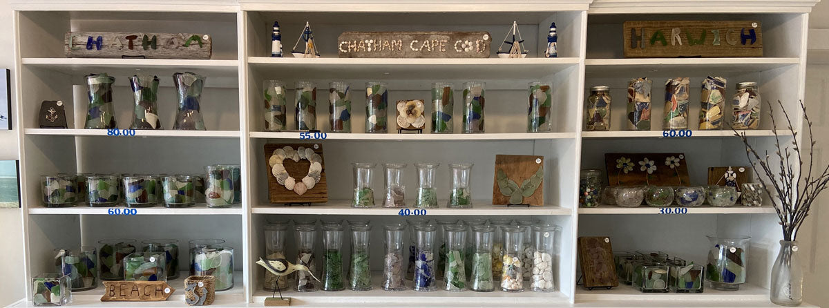 bottles of sea glass and beach pottery for sale