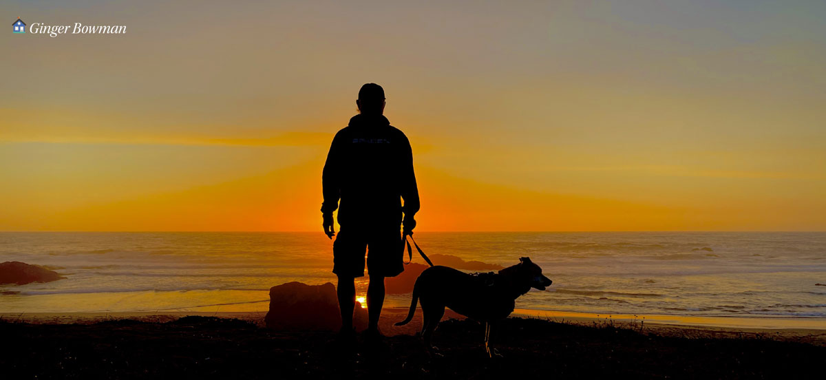 california beachcomber with dog at sunset