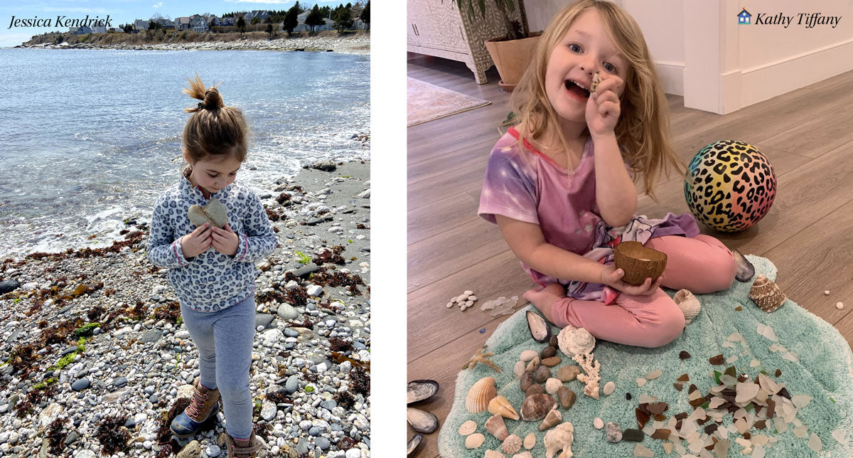 cute kids with beachcombing rocks shells sea glass