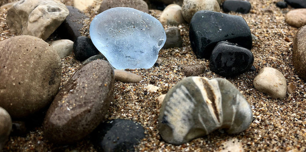 blue beach glass and fossil from great lakes