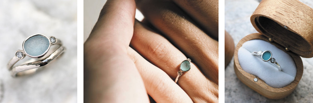sea glass and diamond wedding rings