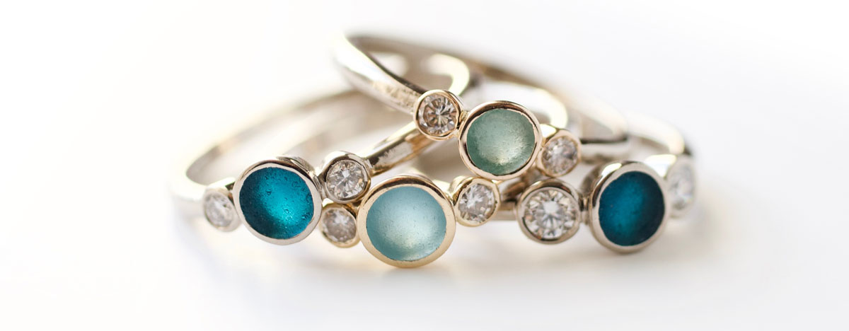 diamond and beach glass bridesmaid rings