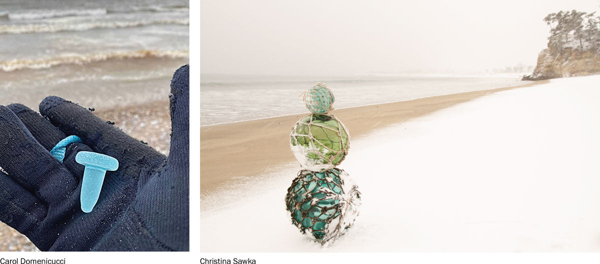 beach glass stopper and sea glass floats in the snow