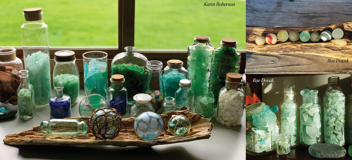 bottles filled with sea glass and beach marbles