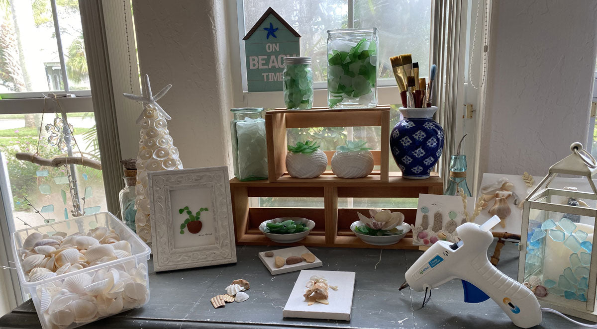 sunny sea glass craft table for beachcomber workspace