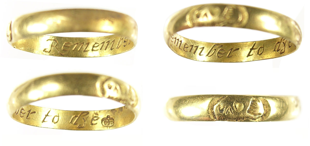 Gold memento mori ring inscribed with the words “Remember to dye” (PAS).