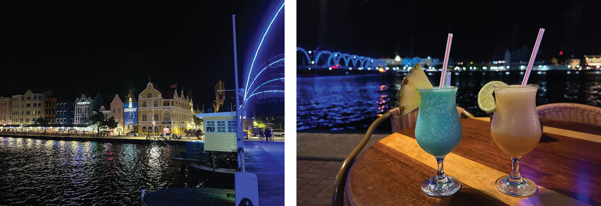 willemstad curacao at night with bridge and lights and cocktails