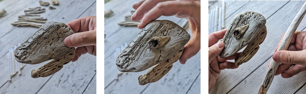 make fish head sculpture with driftwood