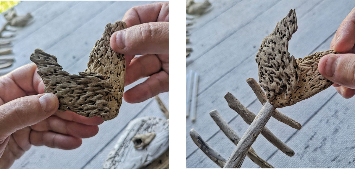 make fish tail on driftwood art piece of fish skeleton beachoween