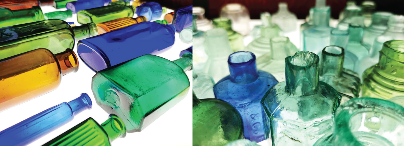 colorful antique glass bottles