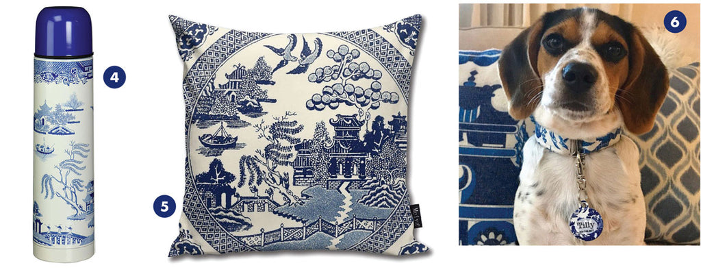 products with blue willow pattern on them