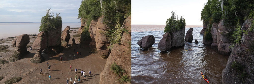 Hopewell Rocks in the Bay of Fundy, New Brunswick, Canada, at low tide and high tide, where the tidal range can be up to 53 feet
