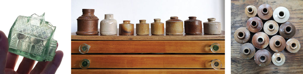 glass and stoneware ink bottles