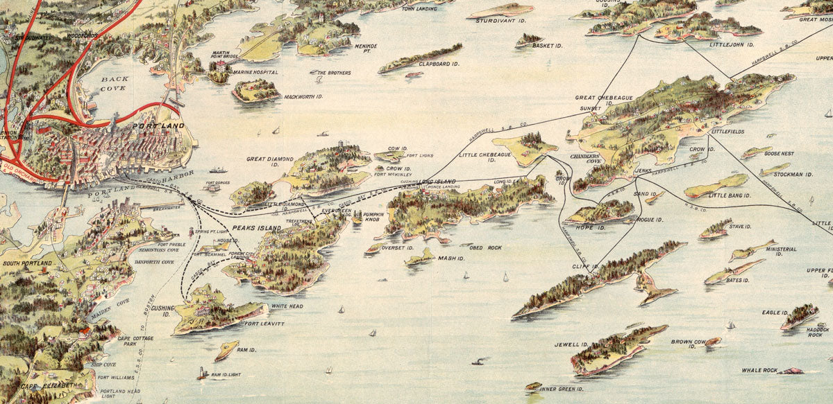 Detail of Birds eye view of Casco Bay, Portland, Maine, and surroundings, 1906 (Geo. H. Walker & Co., Maine Central Railroad Company, Library of Congress).