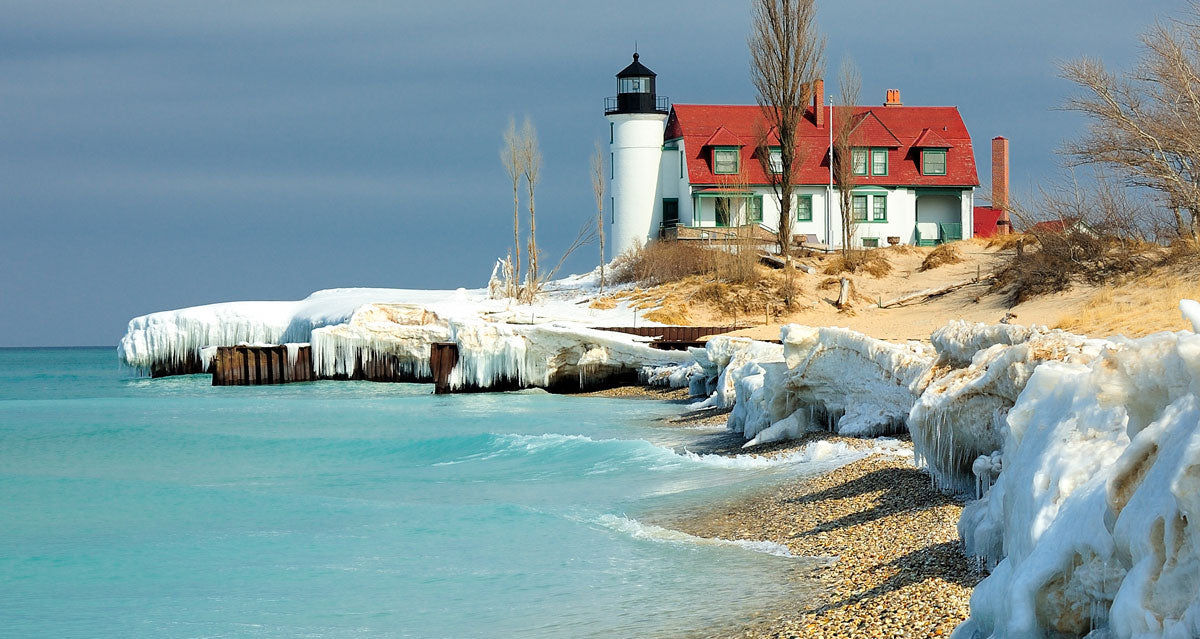 lighthouse on the great lakes in winter