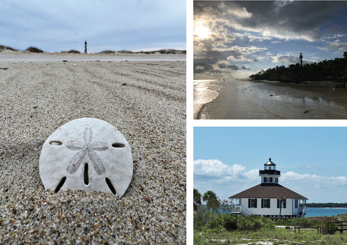 Cape Hatteras Light Station, Outer Banks, Buxton, North Carolina (Tiffany Meekins). Sanibel Lighthouse (Kim White). Port Boca Grande, Florida (Lisa Foy).