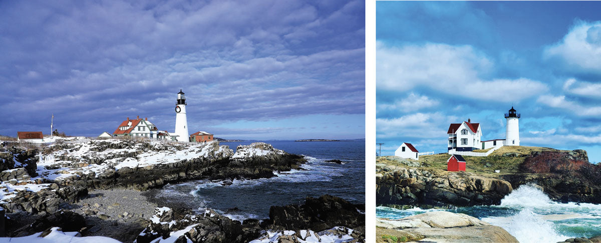 Portland Head Lighthouse in Cape Elizabeth, Maine (Shannon K. Lewis). The Cape Neddick Light, aka “The Nubble,” York, Maine (Cindy Lecza).