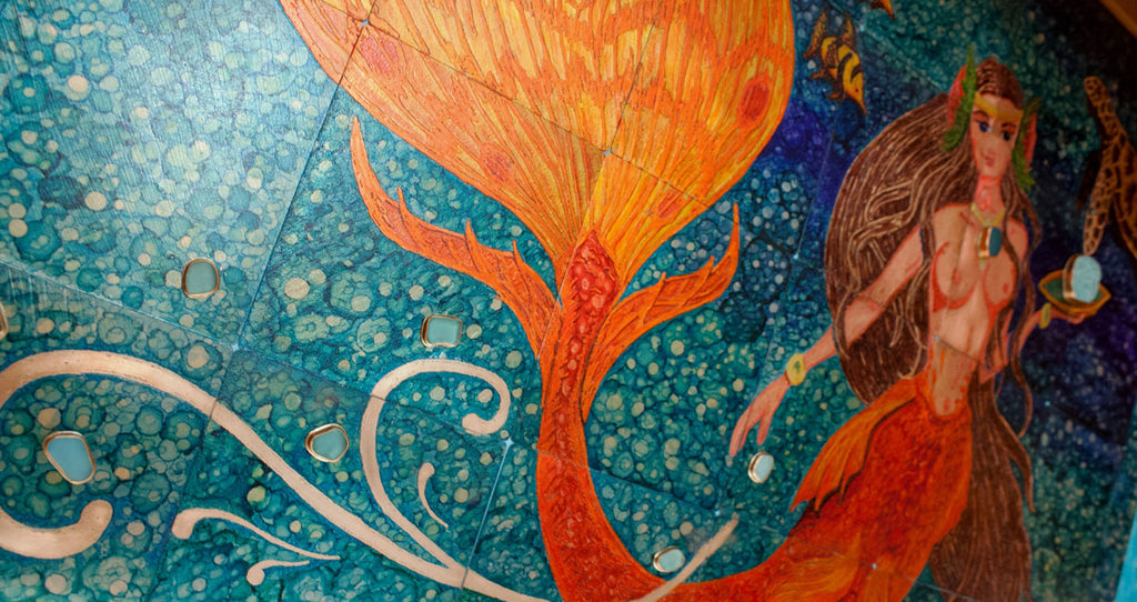 copper and sea glass mermaid mural
