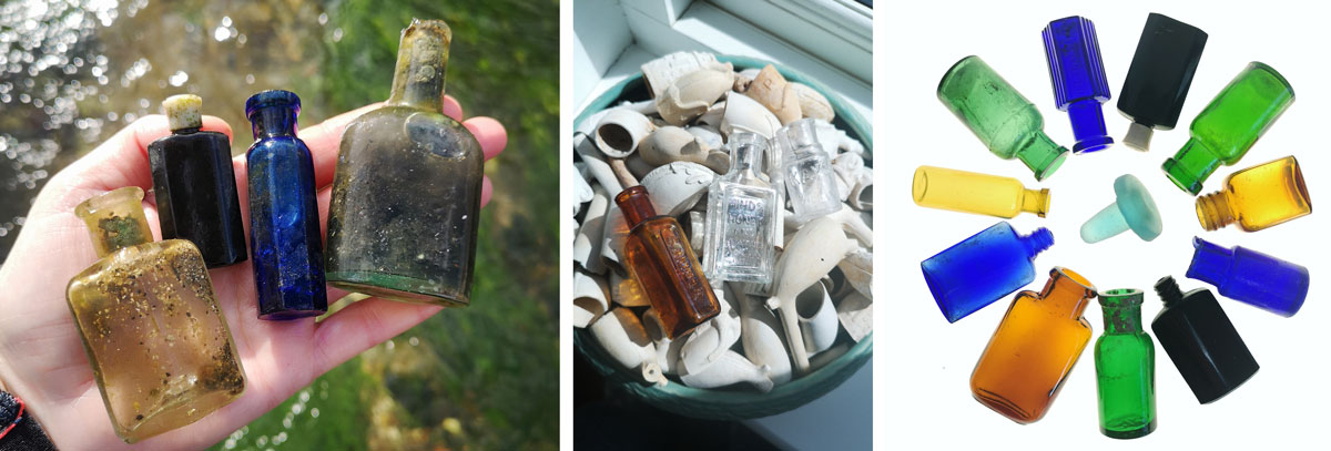 vintage miniature bottles found in english stream