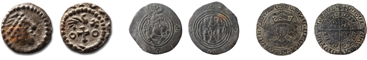 Saxon sceat with abstract dove. 7th-century silver drachm from Iran. 15th-century silver groat of Henry VI.